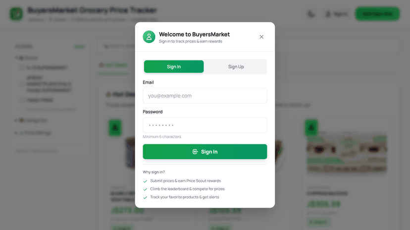 Sign In modal with Sign In and Sign Up tabs