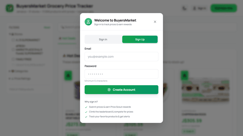 Sign Up tab with email and password fields and Create Account button