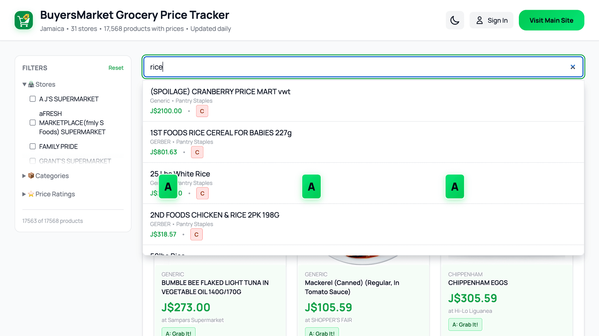 Search results showing product suggestions and A-B-C ratings