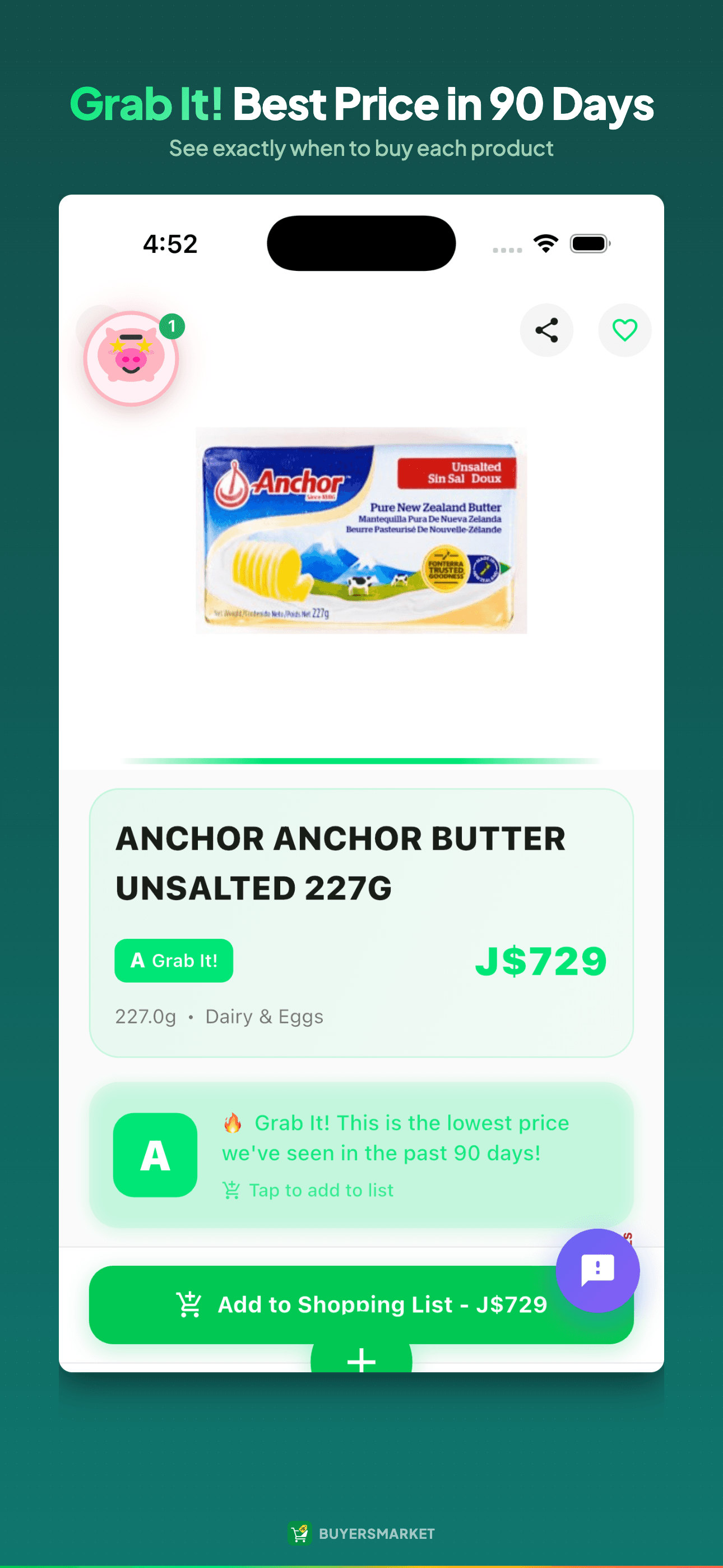 BuyersMarket app product screen for Anchor Unsalted Butter 227g at J$729, rated A Grab It!, with an Add to Shopping List button