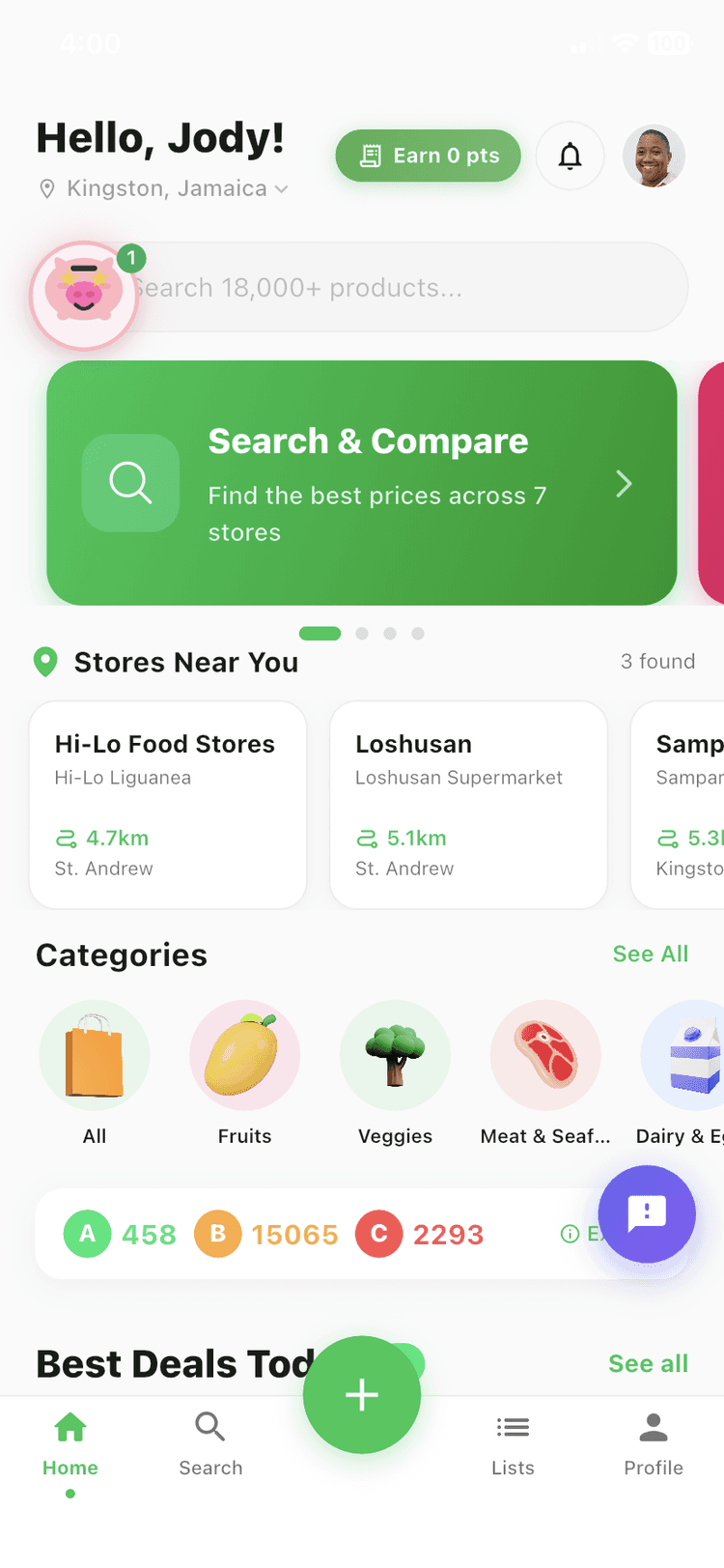 BuyersMarket app home screen with personalized greeting and store categories